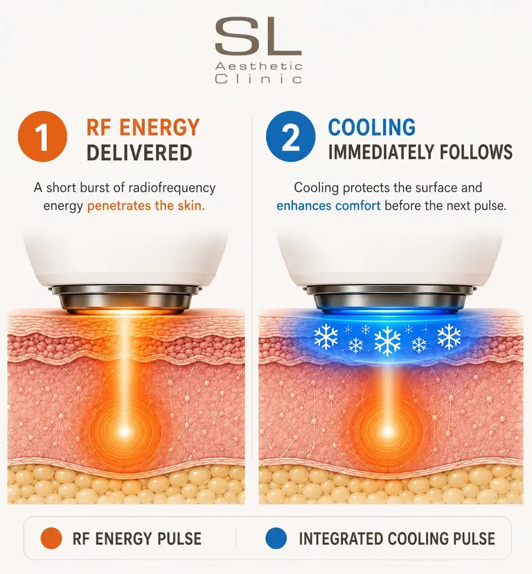 Illustration showing XERF radiofrequency delivery followed by integrated cooling